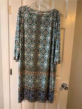Patterned Boho Midi Dress in Teal and Brown